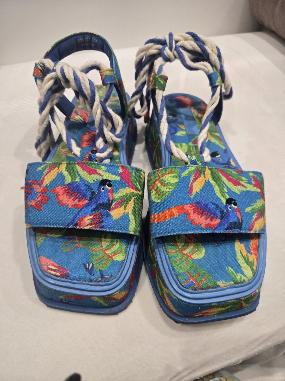 FARM Rio Blue Tropical Parrot Platform Sandals